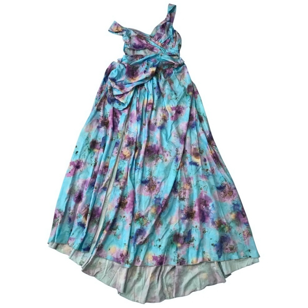 Deep V Neck Cutout Maxi Dress Asymmetrical High Slit Blue Multicolor Size M - Picture 2 of 14